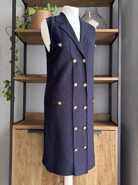 Next Blazer Style Knitted Midi Dress M 12 14 Navy Gold Faux Buttons Sleeveless